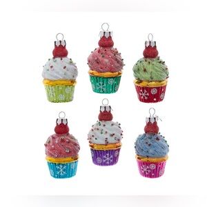 Anthropologie Kurt Adler Colorful Hand Blown Glass Ornament Set 6 Cupcake NIB